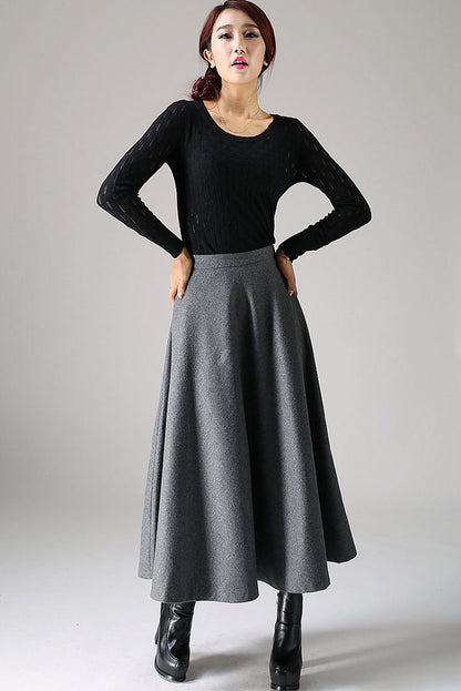 Gray Wool Blend A-Line Skirt - Timeless Flared Silhouette 1093