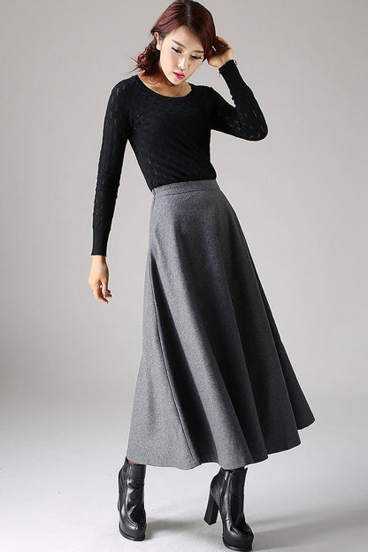 Gray Wool Blend A-Line Skirt - Timeless Flared Silhouette 1093