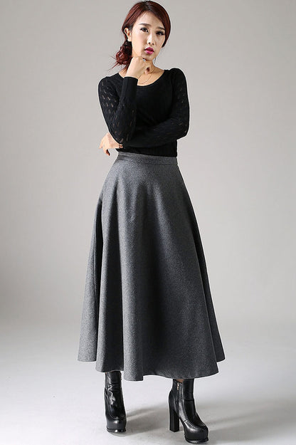 Gray Wool Blend A-Line Skirt - Timeless Flared Silhouette 1093