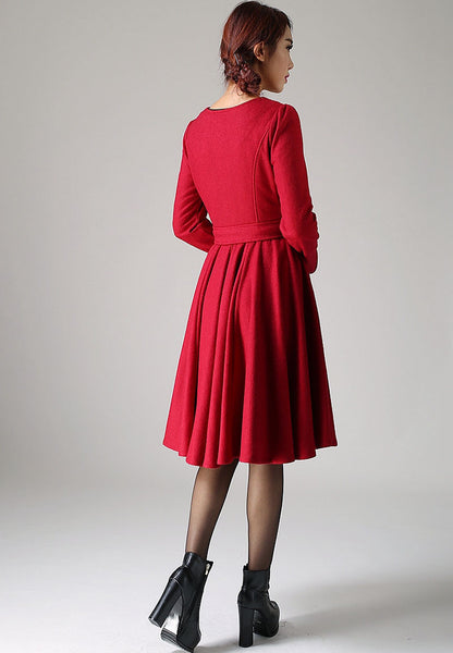 Red Wool Blend Midi Dress - Pleated Skirt with Tie Waist 1082