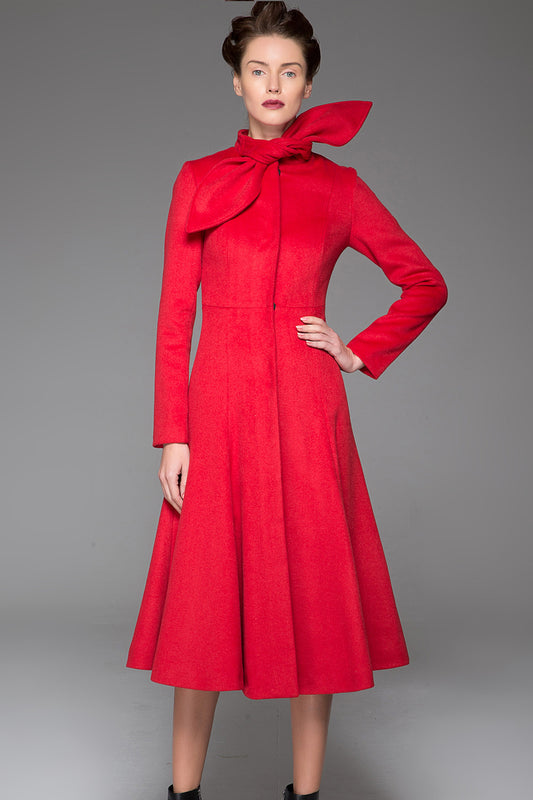 Red Women's Coat - Long Elegant Sleek Simple Fitted Smart Tailored Winter Designer Coat with Scarf Collar & Concealed Closure 1408