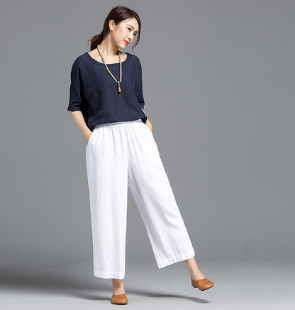 White Linen Wide Leg Pants - Elastic Waist, Above Ankle Length 2610