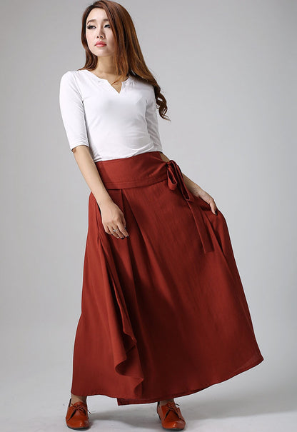 Red Linen Wrap Skirt - Pleated Waist Tie Detail 908