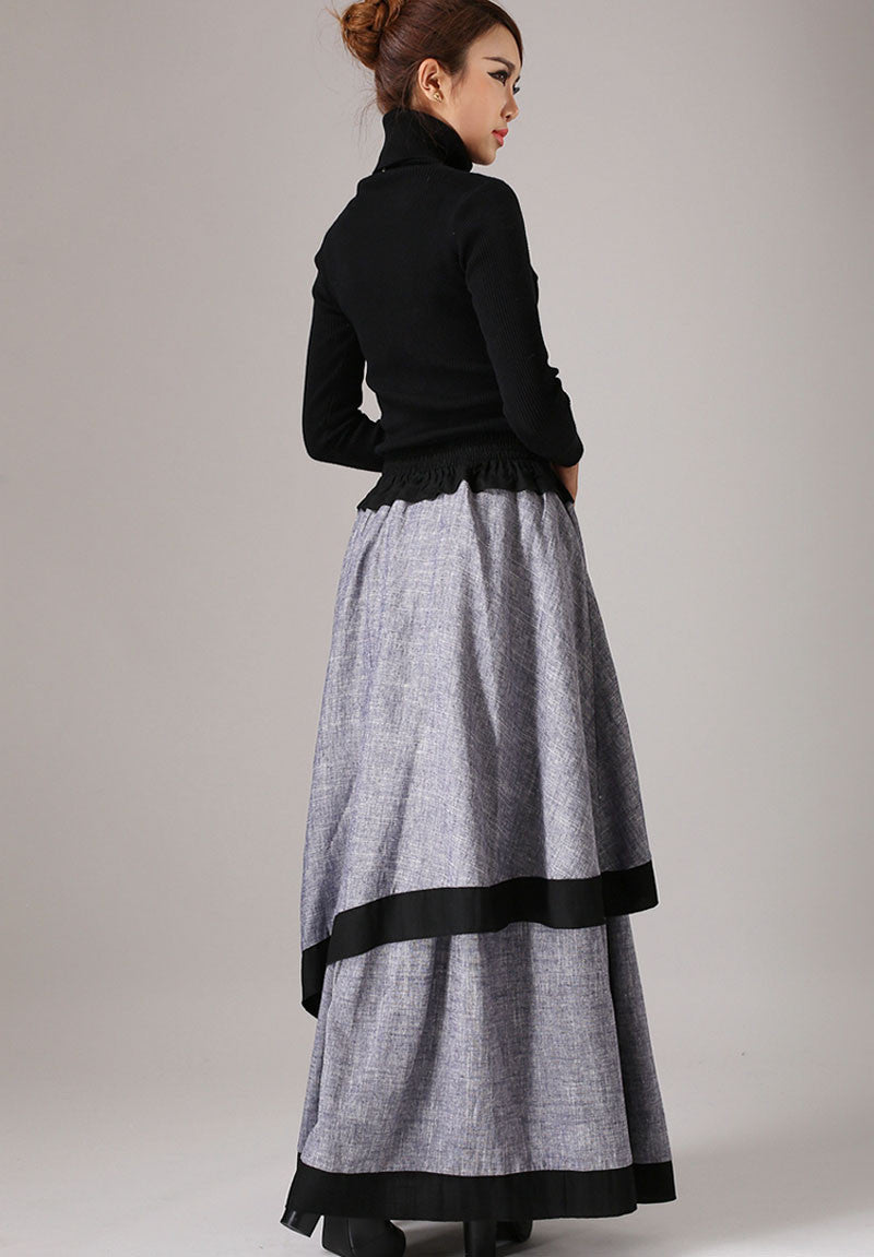 Gray long skirt linen maxi skirt layered skirt 0771#