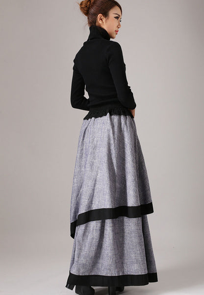 Gray Linen Blend Maxi Skirt - Layered Wrap Detail 771