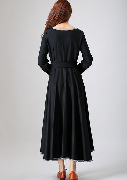 Black Linen Maxi Dress - Pleated Front, Long Sleeve with Belt 787