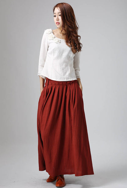 Red Linen Maxi Skirt - Pleated Waist, Ankle Length 816