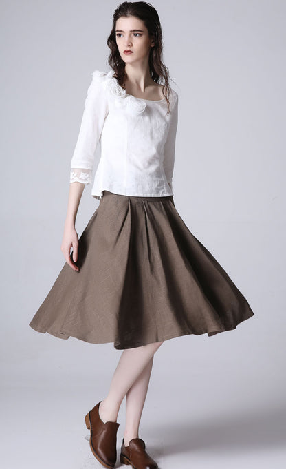 Beige Linen Midi Skirt - Pleated, Wide Waistband 1193
