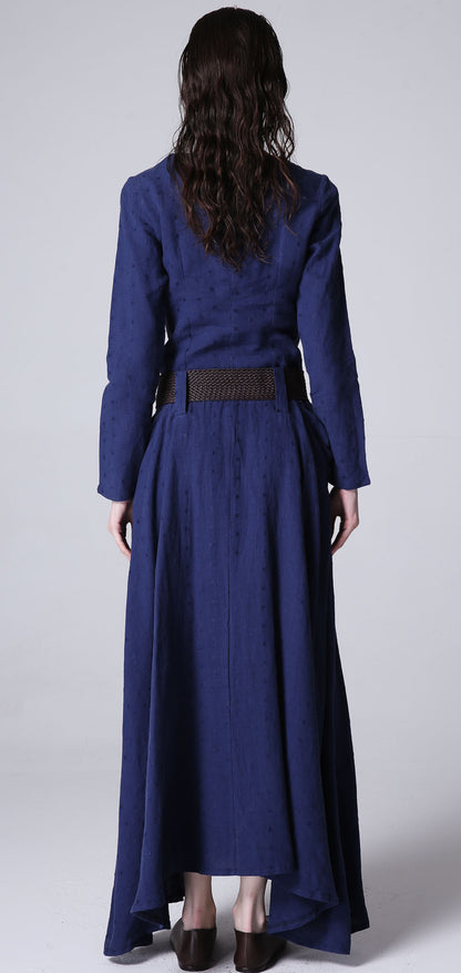 Blue Linen Maxi Dress - Long Sleeve, Round Collar, Casual Elegance 1183