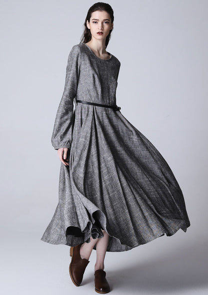 Gray Linen Maxi Dress - Loose Fit with Round Neckline and Long Sleeves 1167