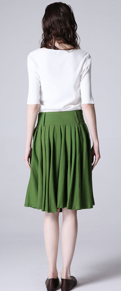 Green Linen Blend Pleated Midi Skirt - Flowy Silhouette 1188