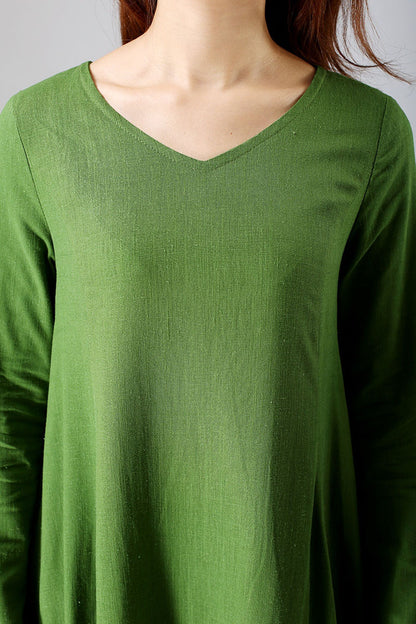 Green Linen Maxi Dress - Relaxed Fit V-Neck Silhouette 789