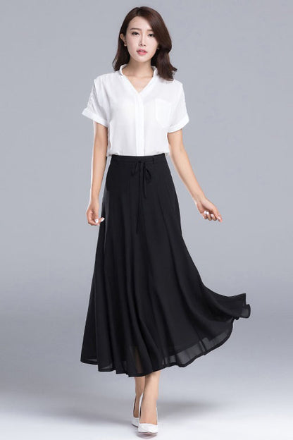 White Summer Midi A Line Pleated Chiffon Skirt 2900