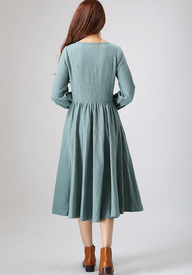 sage green flowy dress Sage Green Linen Midi Dress with Lace Detail