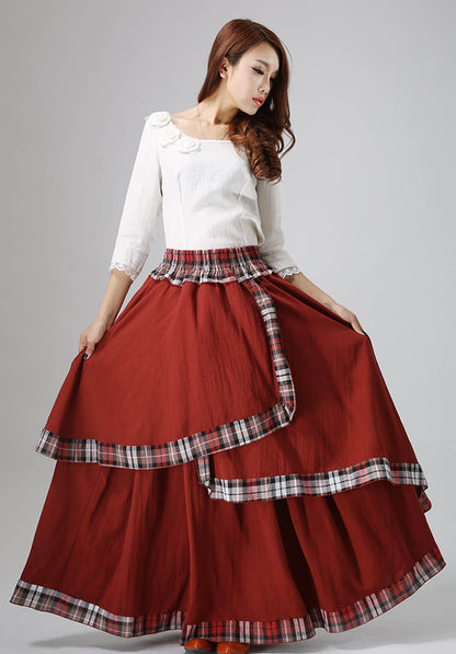 Red Linen Blend Maxi Skirt - Elastic Waist, Plaid Trim 818