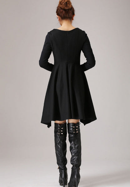 Black Wool Mini Dress - Flared Skirt, V-Neck Long Sleeve 767