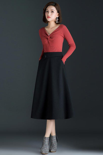 Gray Polyester Mid Calf A-Line Skirt - High Waist Winter Style CYM318