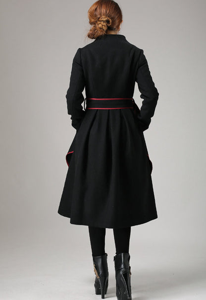 Black Wool Coat - Mandarin Collar with Contrasting Piping 738