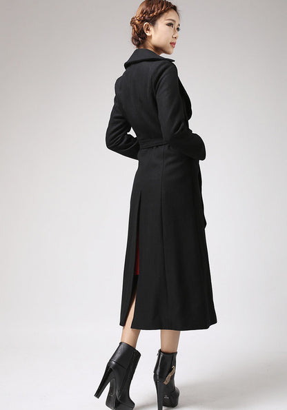 Handmade Black Wool Blend Coat – Elegant Long Winter Overcoat with Unique Collar | Xiaolizi  0704