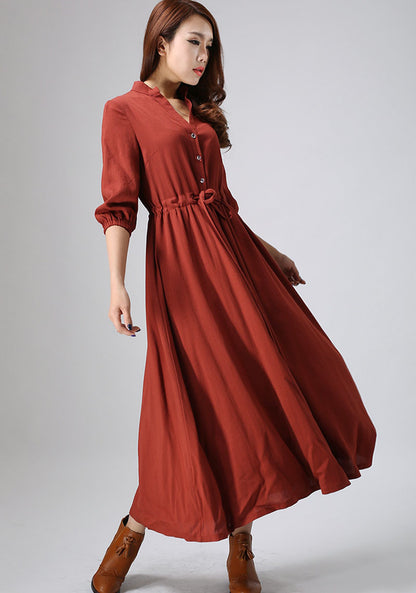Rust Linen Maxi Shirt Dress with Drawstring Waist and Buttons | Xiaolizi 0804