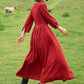 Women A Line Red Pleated Maxi Linen Dress 3576