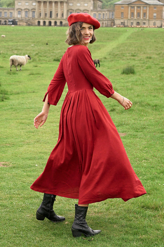 Red Linen Cotton A-Line Maxi Dress - Pleated, Boat Neckline 3576
