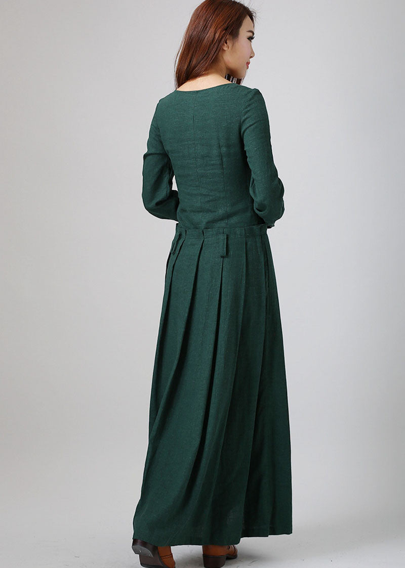 Green linen dress woman maxi dress custom made long sleeve linen dress (788)