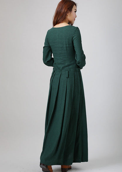 Green Linen Maxi Dress - Long Sleeve, Round Neck, Pockets 788