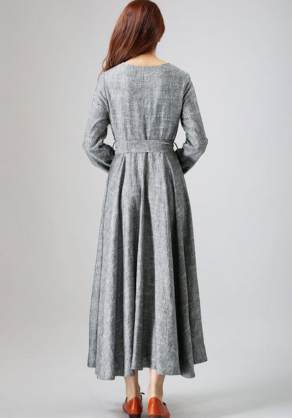Grey Linen Maxi Dress - Flowy Silhouette with Round Neckline 790
