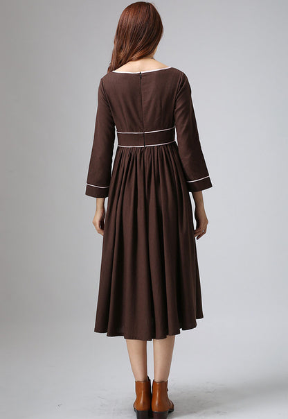 Brown Linen Maxi Dress - 3/4 Sleeve, Empire Waist 808