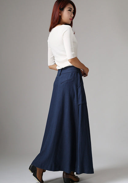Blue Linen Cotton Maxi Skirt - Flowy Silhouette with Big Pockets 1036
