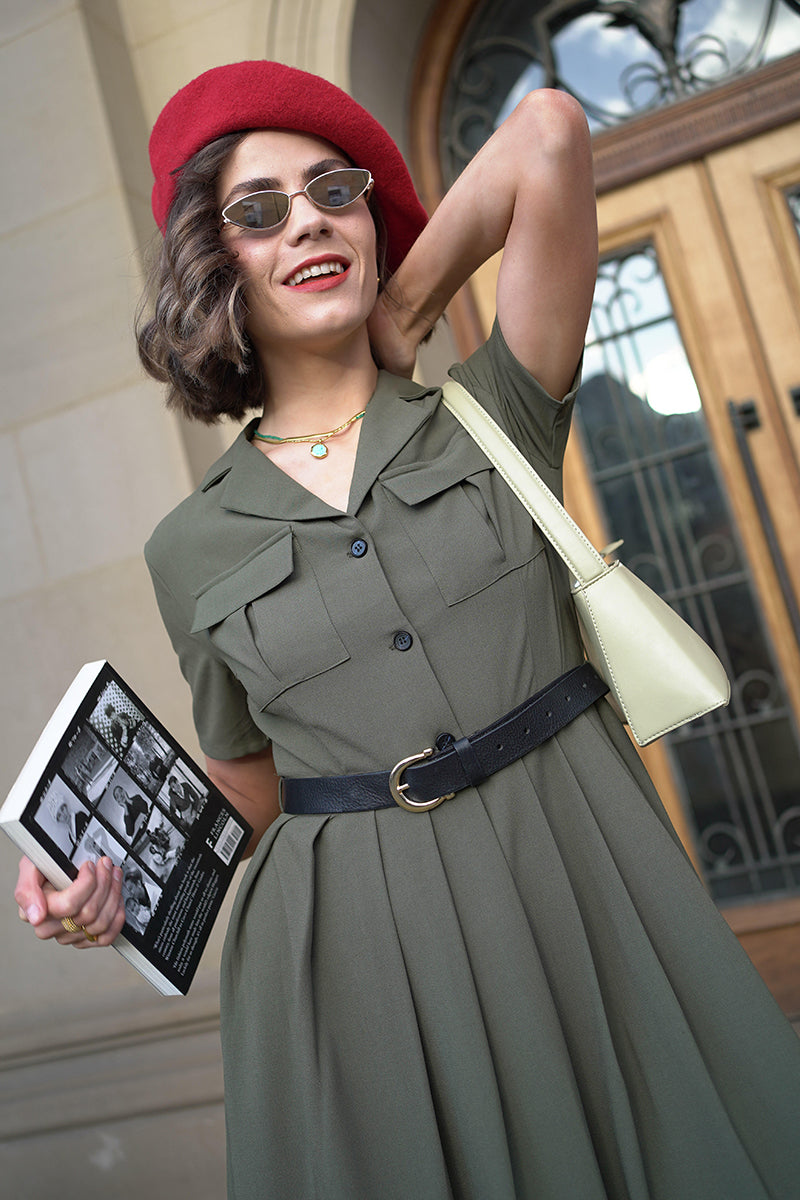 Midi Pleated Green Military Swing Shirt Dress 3703 - green / XS Midi Pleated Green Military Swing Shirt Dress 3703 - green / XS