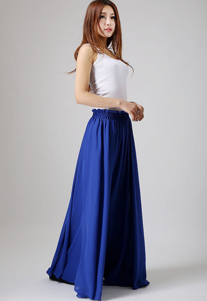 Navy Chiffon Maxi Skirt - Flowing Ruffle Waist 861