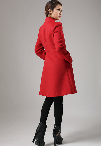 Red Wool Winter Coat – Vintage Fit and Flare Asymmetric Button Overcoat 734