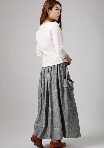 Grey Linen Blend Maxi Skirt - Elastic Waist, Draped Pockets 867