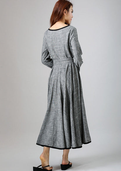 Gray Linen Maxi Dress - A-Line with Long Sleeves and Waist Belt 792