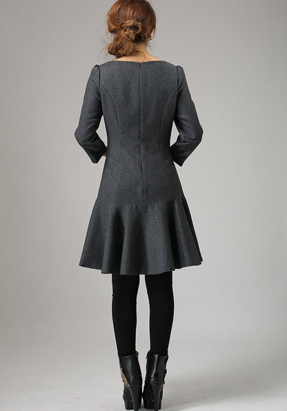 Gray Wool Mini Dress - Drop Waist Pleated Skirt 746