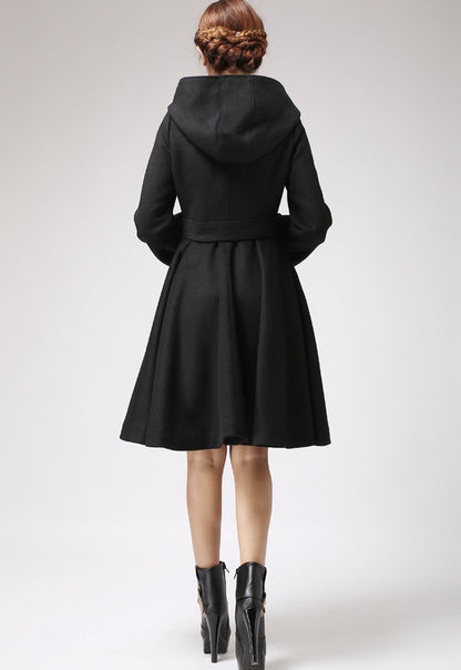 Black Wool Blend Hooded Coat - Lantern Sleeve A-Line | Xiaolizi 711