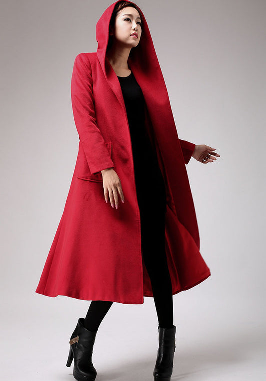 Vintage Wool Coat for Women – Handmade Red Hooded Swing A-Line Winter Coat | Xiaolizi 0714