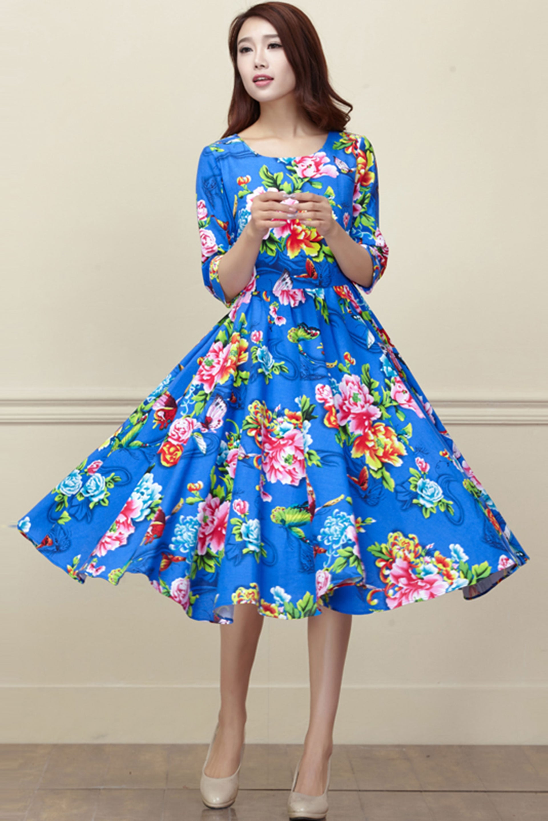 Peony Print Linen Midi Dress - High Waist Pleated