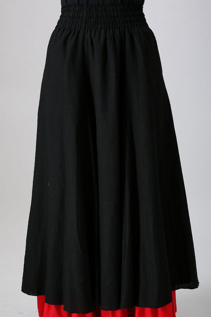 Black Linen Maxi Skirt - High Waist Pleated with Red Layered Hem 2202865797