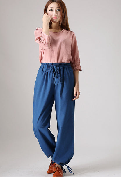 Black Linen Pants - Loose Fit with Elastic Waist and Cuffed Hem 853BKS0 853