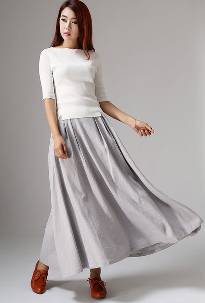 Gray Linen Cotton Maxi Skirt - A-Line Pleated Side Pockets | Xiaolizi 1041