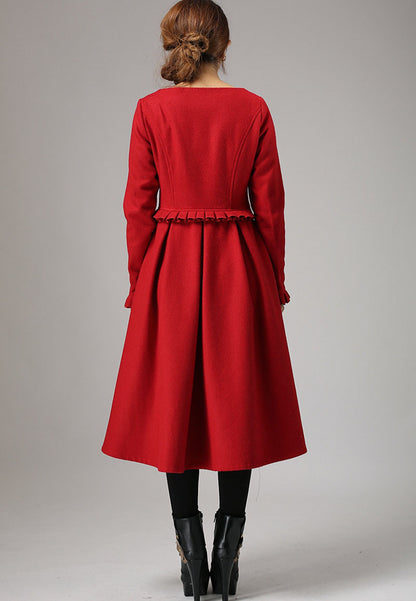 Red Wool Dress Maxi - Pleated Waist, Round Neck 741