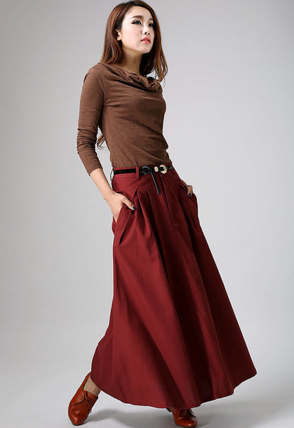 Red Linen Blend Maxi Skirt - Pleated Waist with Flap Pockets 901