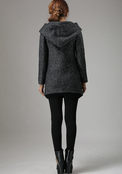 Charcoal Black Biker Wool Coat – Cowl Neck Hooded Winter Jacket | Xiaolizi 735