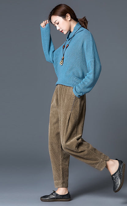 Brown Cotton Corduroy Wide Leg Pants - Elastic Waist, Ankle Length 2603