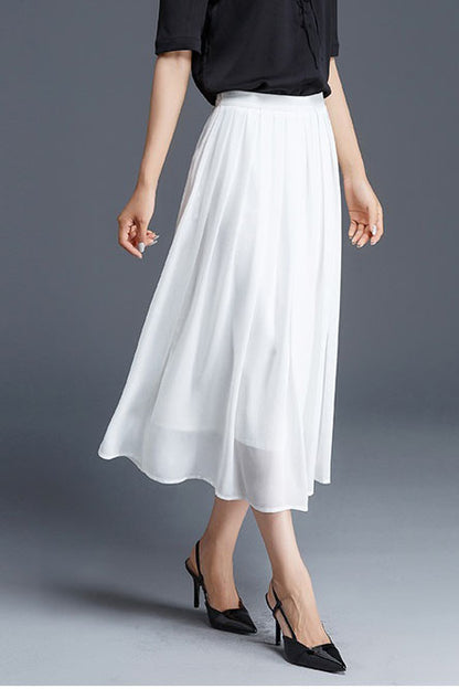 White Chiffon Midi Circle Skirt - Soft Pleated Swing 2901