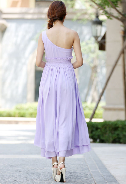 Lavender Chiffon Maxi Dress - One-Shoulder, Gathered Waist 1031