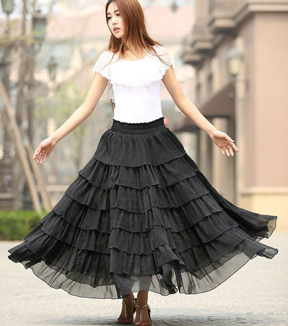 Black Chiffon Maxi Skirt - Tiered Ruffle Detail with Elastic Waist 939